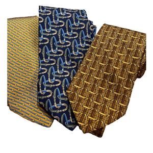 Brooks Brothers Makers Silk Neck Ties Lot 3 Blue Yellow Equestrian Horse Preppy